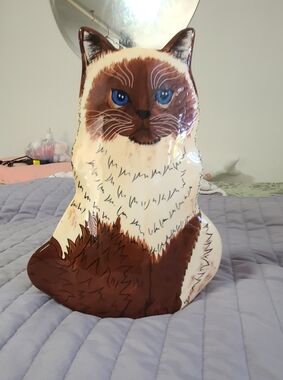Nina Lyman Brown and White Cat Vase with Blue Eyes